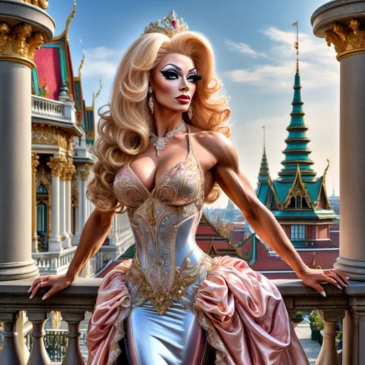 Prompt: A long, long time ago, on a sunny day, a stunningly beautiful drag queen princess bodybuilder (ultra detailed )with a graceful figure stood on the balcony of a grand palace. She was dressed in a gorgeous drag queen princess gown, gazing out at the scenery beyond.
fine detailed drawing, professional photo, HDR, UltraHD, a lot of details, pixel study, 3D, detail, photorealism, majestic, stunning, elegant, brillant, magnificent, effulgent, refulgent, lovely, epic, large busom, long dark orange hair, dark eyeshadow, dark lipstick, mystic, full body view, classical and warm lighting style and cinematic art, portrait view, close up view 

