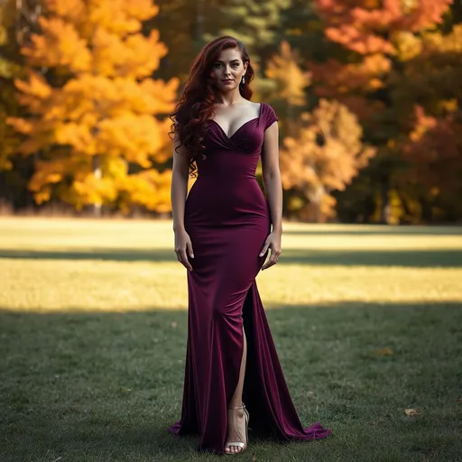 Prompt: Gorgeous ultra-muscular 25-year-old Icelandic drag queen bodybuilder with long curly dark red hair, fine features, wearing a long plum colored regency dress with short sleeves, 8 inch stiletto high heel shoes, fullbody, standing alone, serene expression, open grassy area, vibrant autumn foliage in background, gentle sunlight illuminating her figure, dreamy atmosphere, natural setting, ultra-detailed, high-quality 4K.