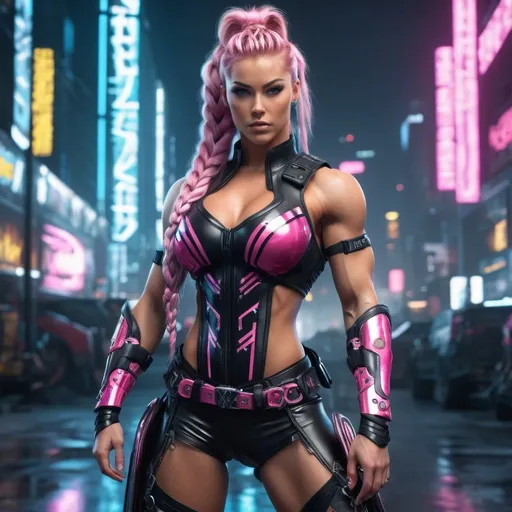 Prompt: 64k UHD detailed digital photograph of a caucasian gorgeous ultra-muscular 25-year-old Norse goddess bodybuilder with ridiculously long wavy pink braided ponytail, cyberpunk outfit, 8 inch stiletto high heel shoes,unreal engine 5, hip hop punk style, perfect autonomy body shape, muscular yet slim, detailed muscular structure, intense and authoritative gaze, futuristic Nordic setting, cool and edgy atmosphere, detailed armor with cybernetic enhancements, glowing holographic elements, high-res, ultra-detailed, anime, hip hop punk, futuristic, detailed muscles, urban setting, Victorian Nordic, powerful stance, professional, dynamic lighting