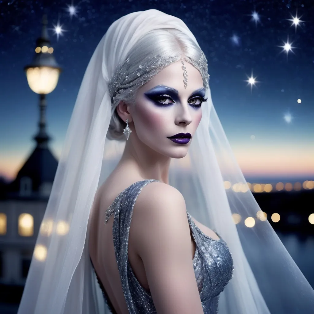 Prompt: (beautiful white Swedish drag queen) walking gracefully under a starlit sky, (melancholic mood), deep indigo and shimmering silver tones, soft ethereal glow, a delicate veil of night softly surrounding her, gentle whispers of a cool breeze, capturing a moment of quiet elegance, (highly detailed), enchanting landscape in the background, timeless and romantic atmosphere.