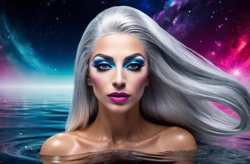 Prompt: A gorgeous ultra-muscular 25-year-old Turkish drag queen goddess with very long straight silver hair swimming in a lake of liquid Mercury in outer space. Vivid colors. Hd imaging.