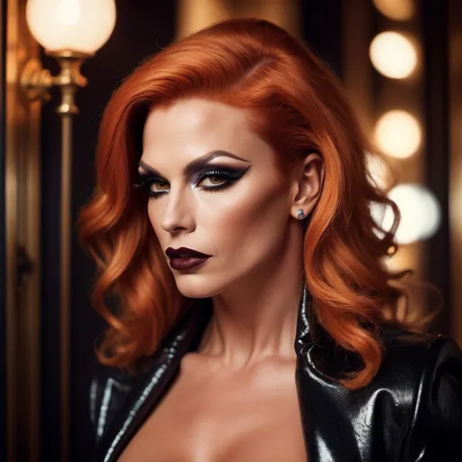 Prompt: Color Glamour photography of a Gorgeous muscular 35-year-old Estonian drag queen bodybuilder (burnt orange hair, dark eye makeup, dark lipstick and big busom) in Paris, Guy Aroch style, high fashion model, elegant and sophisticated, vintage chic, moody lighting, cinematic atmosphere, luxurious Parisian setting, detailed facial features, stylish outfit, professional photography, high resolution, misc-gothic, cinematic, sophisticated, vintage, glamorous, detailed face, Parisian setting, high fashion, moody lighting