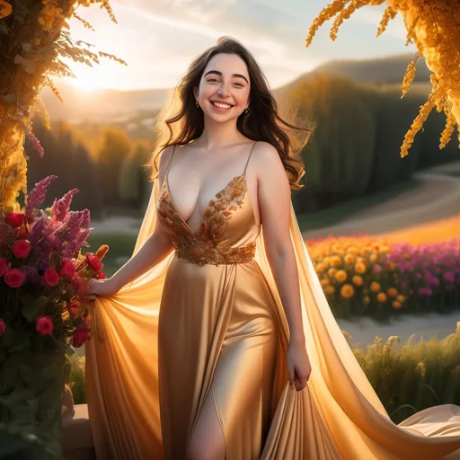 Prompt: Esther Povitsky with big busom and dark liostick, showcasing a radiant smile, dressed in a flowing gown that drapes softly around her. The backdrop is a serene landscape bathed in golden sunlight, with vibrant flowers blooming around her. The overall ambiance is warm and inviting, emphasizing her beauty. High quality, ultra-detailed, capturing every nuance and texture in brilliant colors.