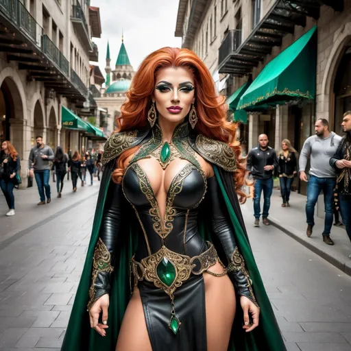 Prompt:  a mid range full body image of a Gorgeous muscular 25-year-old Turkish drag queen bodybuilder in the bustling city center wearing black leather armor with intricate ornate metal details studded with emerald gems and a bronze circlet with a large gem on her head, long black billowing cape curvy, powerful, braided flowing ginger hair, Aramenta Dianthe Vail, fantasy art, epic fantasy, computer graphics, high heels, corset, long loincloth with intricate details, stockings, magically glowing eyes, magical, night time