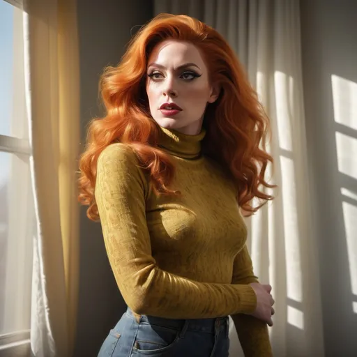 Prompt: (French drag queen with long curly red hair), wearing an olive long knitted yellow turtleneck shirt and skinny jeans , (close up,low angle shot ), inside a softly lit room, (white curtains gently swaying),  captured in an extremely detailed (oil painting style), (photorealistic), sunlight streaming through the woman  , she is looking out the window and  holding the curtains with her hands ,(artistic modeling pose) ,high resolution , detailed , bright colors