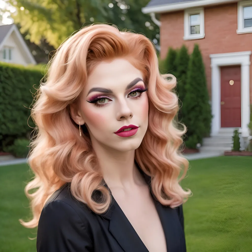 Prompt: Naive, beautiful,  girl-next-door drag queen (strong, masculine jawline and brow) with wavy strawberry-blonde hair, posing on the lawn in a nice neighborhood. 