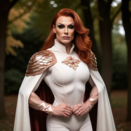 Prompt: Gorgeous muscular 35-year-old Polish drag queen bodybuilder (with strong masculine jawline and brow) with crimson-auburn hair, wearing a regal tunic, ivory white, with armor sewn into the fabric. Cascading cape, draping from the shoulder lapel. Cottage core aesthetic. Delicate rose gold detailing.