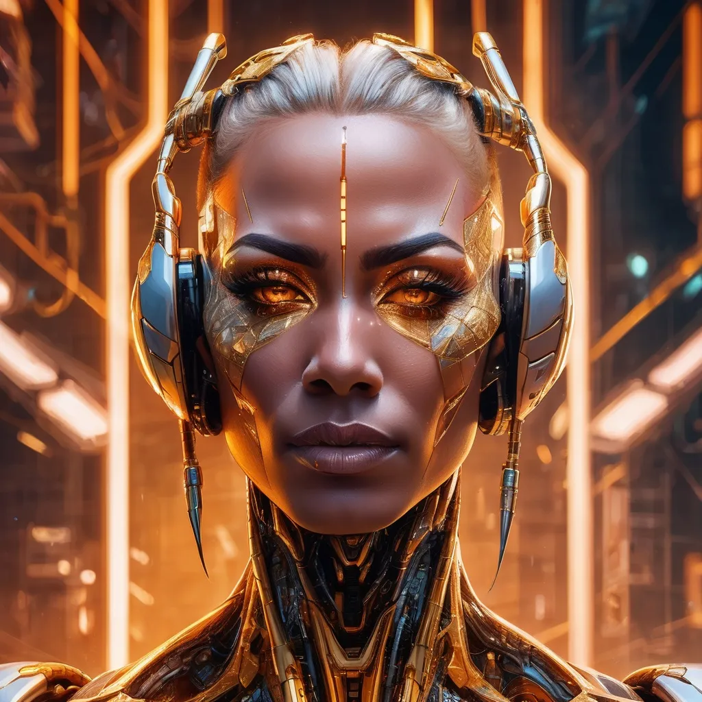 Prompt: A hyper-realistic portrait of a futuristic muscular cybernetic drag queen (with masculine strong jawline) whose face is symmetrically divided into a glowing, biomechanical side and a human, expressive side. The cybernetic side is composed of intricate gold and orange circuitry with shards and glowing fragments, while the human side features soft skin with subtle highlights reflecting blue ambient light. The black background is a soft blur of a few neon orange and blue-green lights, creating a cinematic high-tech atmosphere. The composition emphasises her piercing green eyes and the detailed textures of skin and metal. The lighting is a dynamic mix of warm and cool tones, adding depth and drama to the scene. The mood is mysterious and ethereal, evoking both humanity and technological transcendence. Highly detailed, photorealistic rendering with an emphasis on depth of field and reflective surfaces.