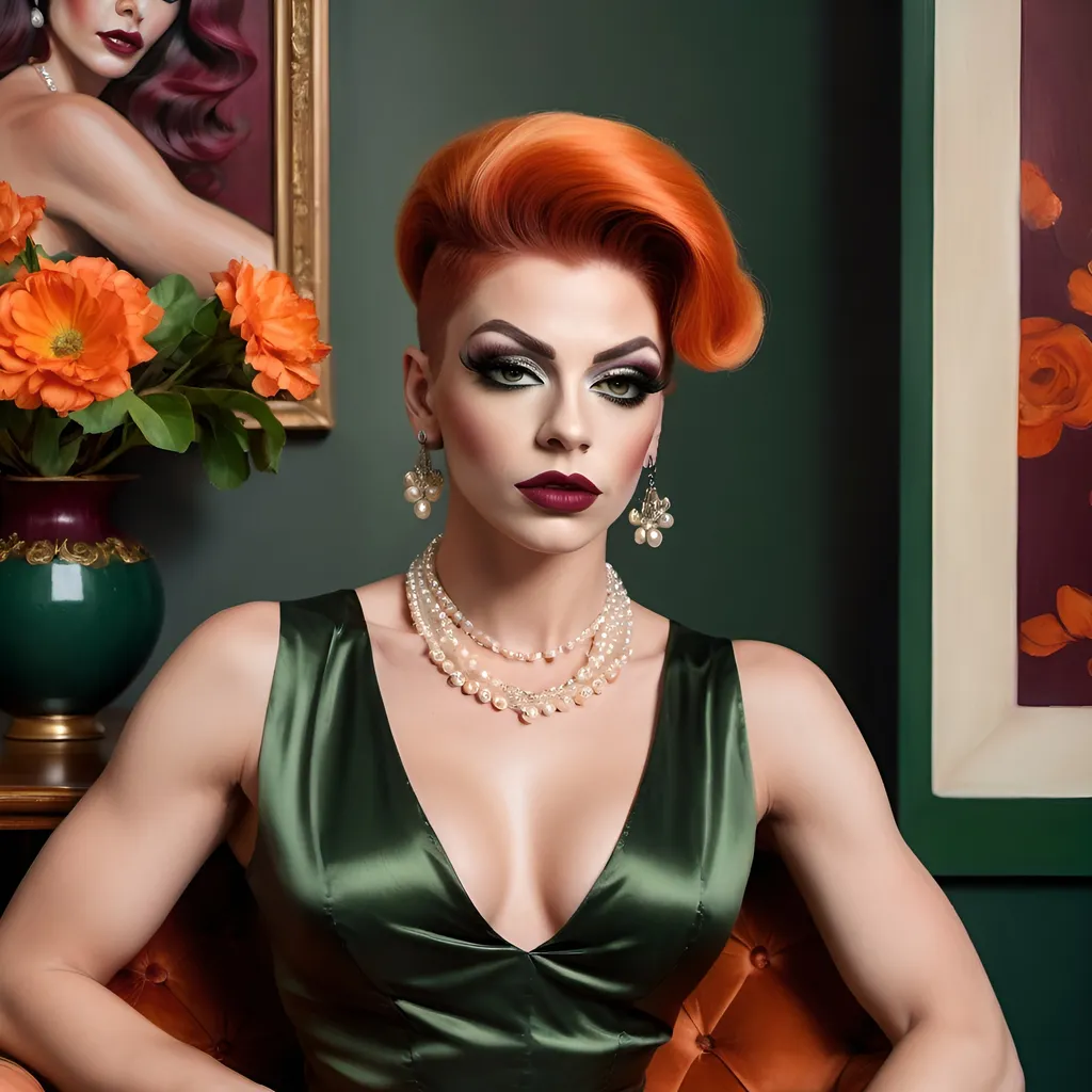 Prompt: oil painting of beautiful muscular 25-year-old Austrian drag queen (dark eyeshadow and dark red lipstick) wearing an (elegant sleeveless dark green blouse, pearl necklace), and (off-white fancy skirt,fancy dark orange hairstyle), sitting on armchair near a perfectly designed room with aesthetic wall and plum curtain, vase with flowers near the woman (close up shot) , good composition 