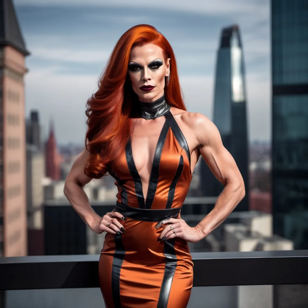 Prompt: Gorgeous muscular 35-year-old Swedish drag queen (strong masculine jawline and brow) with long luscious dark orange hair, dark eyeshadow, and dark red lipstick, wearing a beautifully designed sophisticated Tom Ford dress and 8 inch stiletto high heel shoes.  Futuristic and sterile cityscape in the background. 