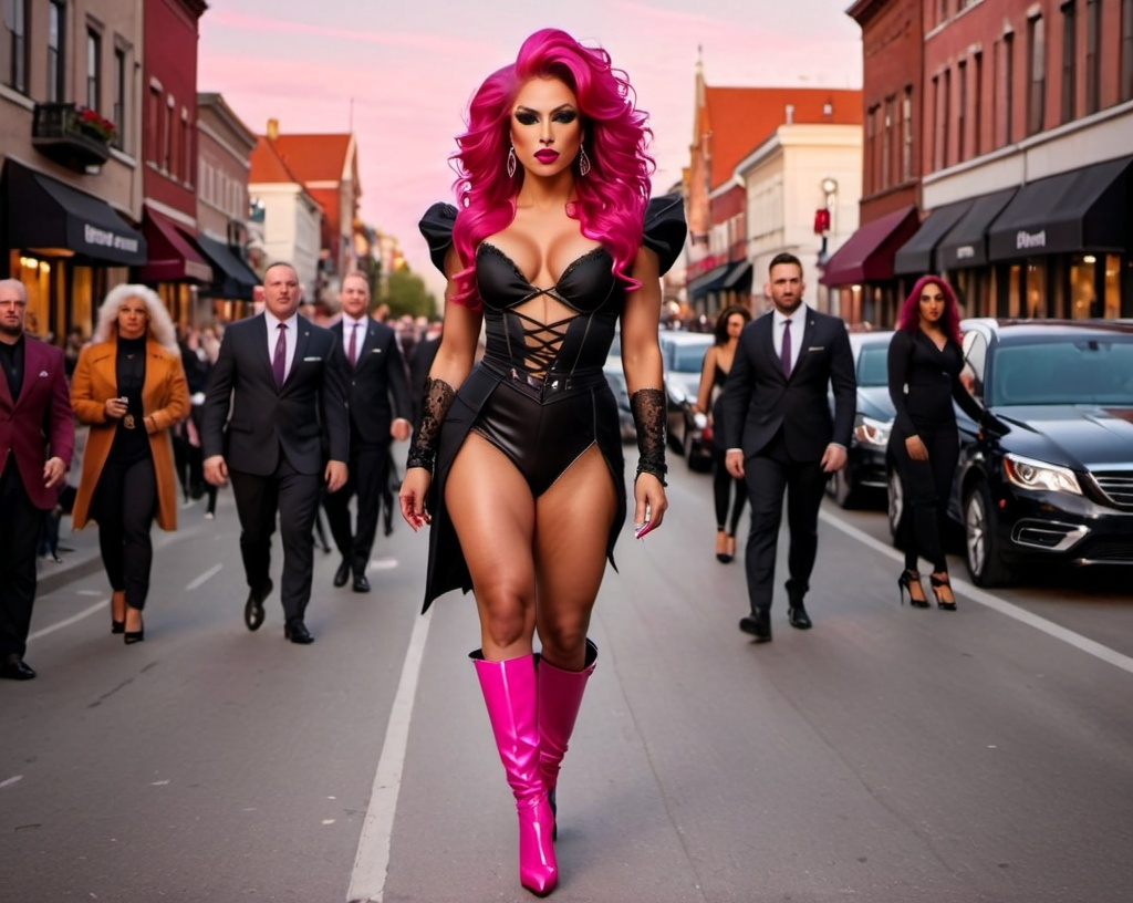 Prompt: A high definition hyper-detail live action digital photograph of A gorgeous ultra-muscular 25-year-old Polish genderfluid drag queen with long dark pink hair wearing an amazing ensemble of both men and women's attire, and 8 inch stiletto high heel shoes.  Walking down the street at sundown.