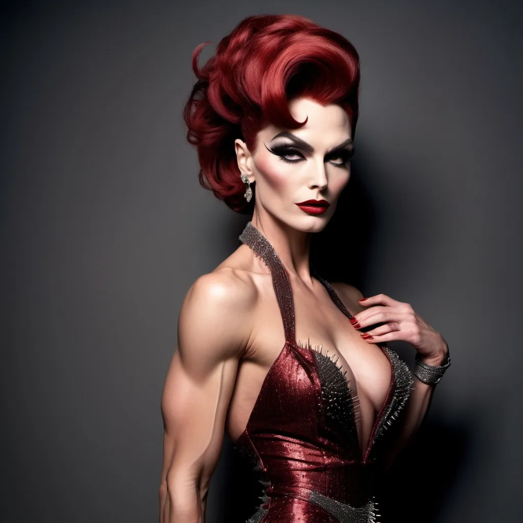 Prompt: Imagine Jack Palance dressed up as A gorgeous ultra-muscular 25-year-old French drag queen bodybuilder with short spiky swept over dark red hair (in a stunning long shaped Moschino dress), capturing an elegant poise, set against a glamorous backdrop, rich colors blended into a high contrast scene, soft ambient lighting highlighting the dress details, stylish accessories enhancing the royal aesthetic, flowing fabric, luxurious textures, surrounded by a warm and inviting atmosphere, high definition, ultra-detailed, fashion photography.