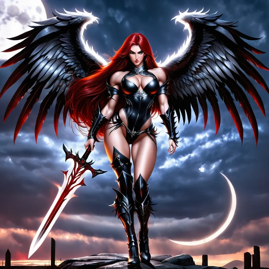 Prompt: Demonic Angel, gorgeous ultra-muscular 25-year-old Serbian bodybuiler with ridiculously Long dark red Hair, long muscular legs, Demonic Eyes, Angel WIngs, Full Body, Armor, 8 inch stiletto high heel armour boots, Legendary Sword, Holy, Blood, Raven and Moon in Background