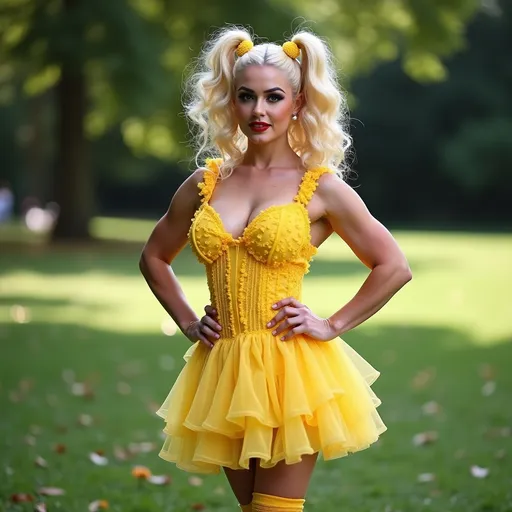 Prompt: Gorgeous ultra-muscular 25-year-old French drag queen bodybuilder with blonde curly pigtails dressed in a frilly yellow babydoll dress, knee-high socks and 8 inch strappy stiletto high heel shoes, dark smoky eyeshadow,  heavy mascara,  dark red lipstick.  Posing in the park on a sunny summer day.