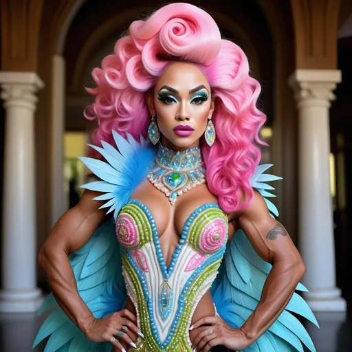 Prompt: Divine Angelic gorgeous muscular 25-year-old Polynesian Hawaiian Balinese Thai drag queen bodybuilder wearing an extravagant costume with vibrant pink styled hair and green eyes in zuhair Murad beaded fitted embellished pearly white blue gold chartreuse pink pastel blue luminous blue topaz platinum silver chrome white pearl opal diamond Swarovski crystal costume gown as a Sandro Botticelli full body painting with large Cartier royal floral jewels and mother of pearl and white abalone aquamarine headdress with pearls blue lotus