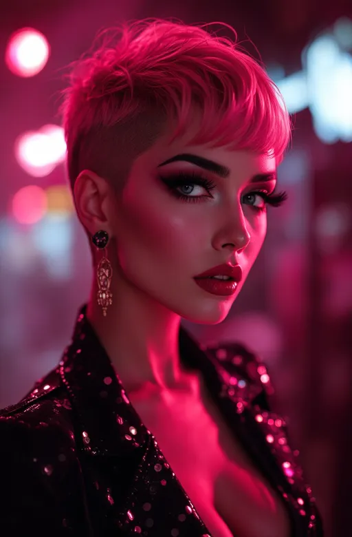 Prompt: Gorgeous 25 years old Czechian drag queen with short hair, retrofuturistic film noir by Quentin Tarantino, pink glowing haze dreamy atmosphere.