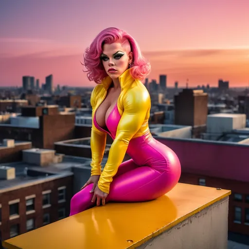 Prompt: 4k , high resolution , detailed ,glamour photography , dramatic colors, realism ,professional, lights , art photography, neglected rooftop, urban view, sunset , Matt Damon dressed up as a gorgeous ultra-muscular 25-year-old drag queen bodybuilder with huge busom sitting on the ledge of a roof in modeling pose, pink short bangs hair, opened yellow coat and pink crop top under the yellow jacket  , blue long tight  ripped jeans , 8 inch stiletto high heel shoes, portrait , legs , low angle shot