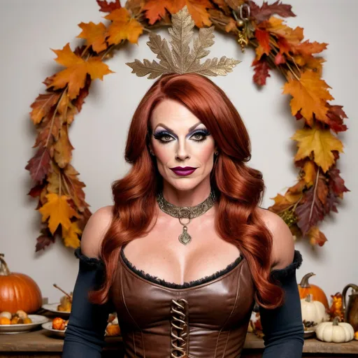 Prompt: Gorgeous muscular 35-year-old British drag queen pilgrim with auburn hair dress in Pilgrim attire and posing at the very first Thanksgiving.