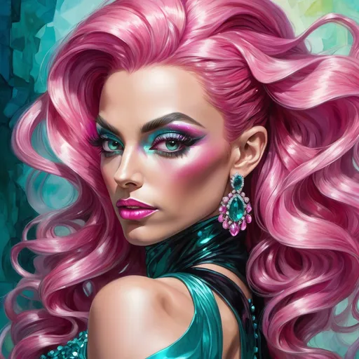 Prompt: Gorgeous ultra-muscular 25-year-old Italian drag queen bodybuilder, pink hair pinned up, fuscia, teal, black dress, earrings, Watercolor, trending on artstation, sharp focus, studio photo, intricate details, highly detailed, by  Josephine Wall and Jasmine Becket-Griffith