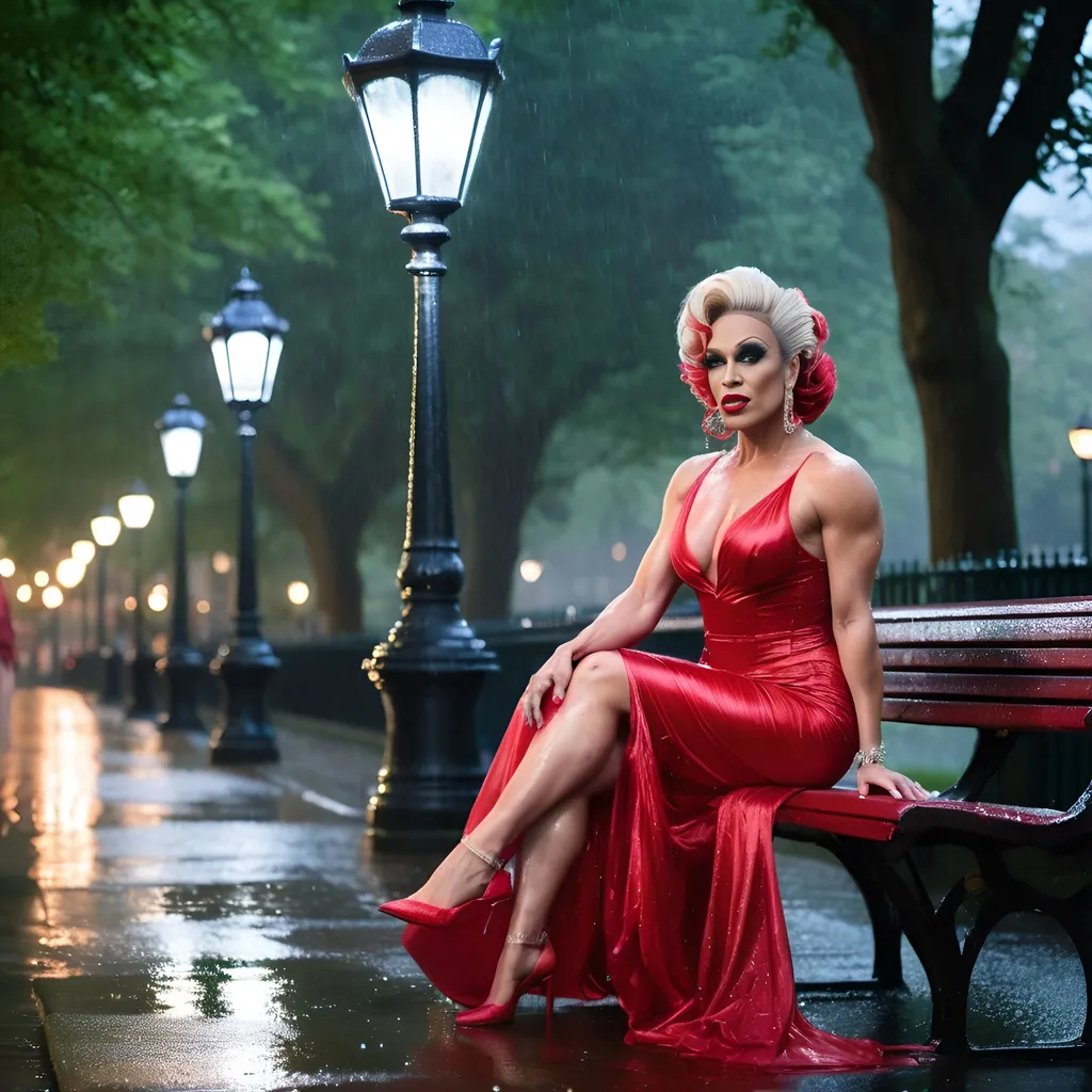 Prompt: A mesmerizing digital photograph of a gorgeous, tall, muscular 35-year-old British drag queen in a flowing red silk dress, seated on a wet bench beneath a dim, old street lamp in a rain-soaked park. With an air of mystique, she gracefully dances, its rich tones resonating through the damp air. The atmosphere is both enchanting and melancholic, with the rain-drenched landscape enhancing the emotional intensity of the scene.