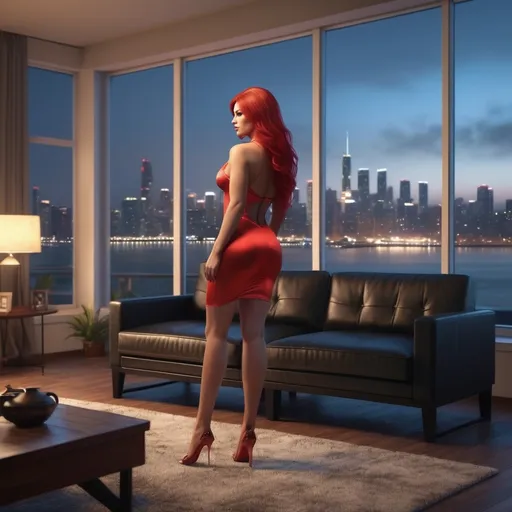 Prompt: a living room with a large window overlooking a city skyline at night time with a couch and chairs in front of a large window, Alena Aenami, photorealism, unreal engine render, a digital rendering, a beautiful muscular French drag queen bodybuilder in short office dress stands by the bay window and looks out, a digital hi-res hyper-realistic photograph, long red straight hair, high definition, sunlight, 8k, 4k, arabesque, 