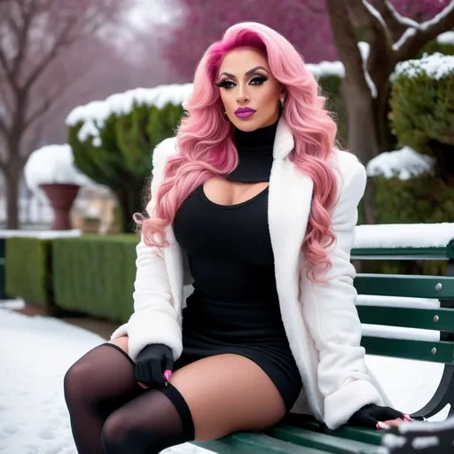 Prompt: Gorgeous ultra-muscular 25-year-old Israeli drag queen bodybuilder with huge busom and long wavy pink hair, sitting on a park bench with her legs crossed, pensive expression, wearing a short black skirt, a black turtleneck sweater, black knee socks, a white wool coat, bare thighs, snowy outdoor scene, 8K photo, daylight