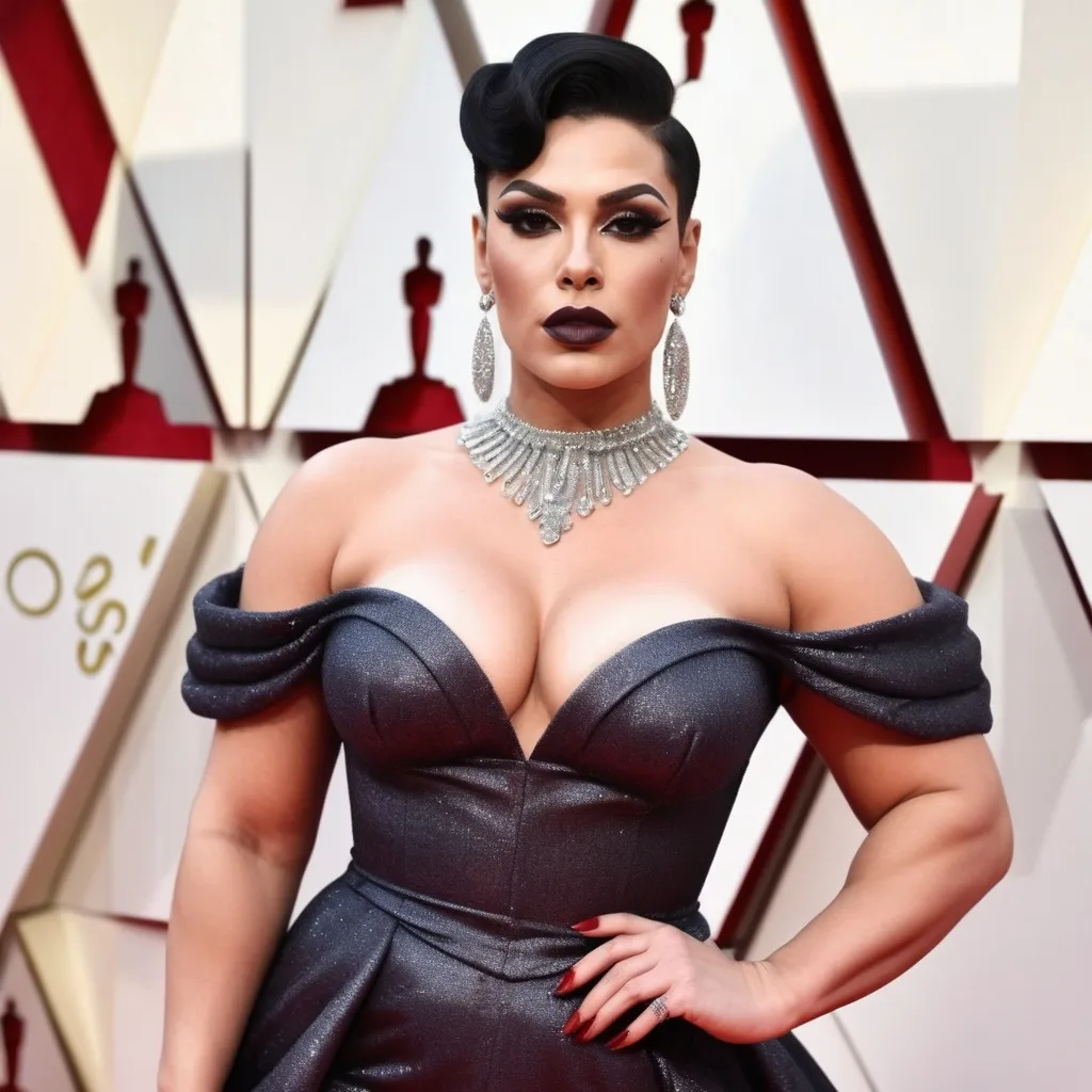 Prompt: Gorgeous thicc muscular 25-year-old Slovenian drag queen (very strong masculine jawline and brow features) with large busom wearing a beautiful stylish multi-fabric gown with long train, 8 inch stiletto high heel shoes.  Dark eyeshadow and dark lipstick. Walking the red carpet at the Oscars.