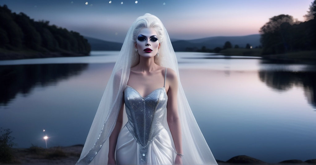 Prompt: (beautiful white Swedish drag queen) walking gracefully under a starlit sky, (melancholic mood), deep indigo and shimmering silver tones, soft ethereal glow, a delicate veil of night softly surrounding her, gentle whispers of a cool breeze, capturing a moment of quiet elegance, (highly detailed), enchanting landscape in the background, timeless and romantic atmosphere.