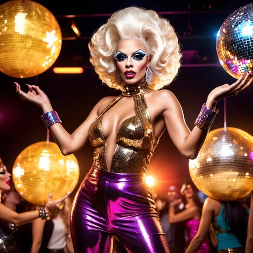 Prompt: A high definition hyper-detail live action digital photograph of a Drag queen disco queen