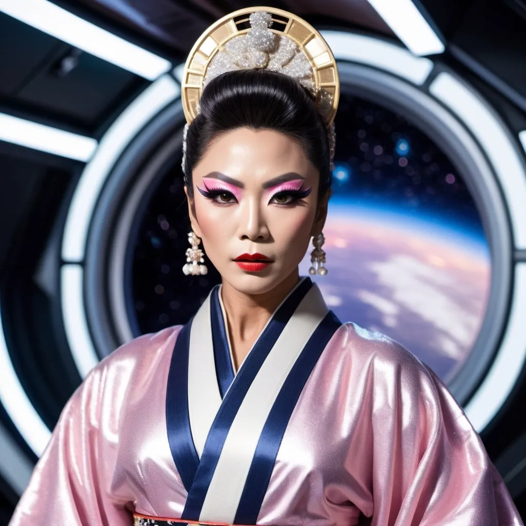 Prompt: A gorgeous muscular Japanese drag queen (very strong masculine jawline and brow features) wears a kimono while standing in a space ship, background is shows the vastness of space.