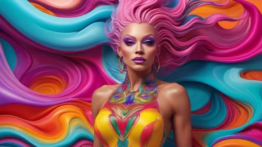 Prompt: (mesmerizing dreamscape), gorgeous muscular drag queen, vibrant, (streaming vibrant colors), surreal morphing shapes, fluid movements, seamless transitions, state of the art visuals, imaginative landscapes, enchanting atmosphere, captivating transformations, high depth, high resolution, ultra-detailed, abstract design, mesmerizing fluidity, otherworldly beauty.