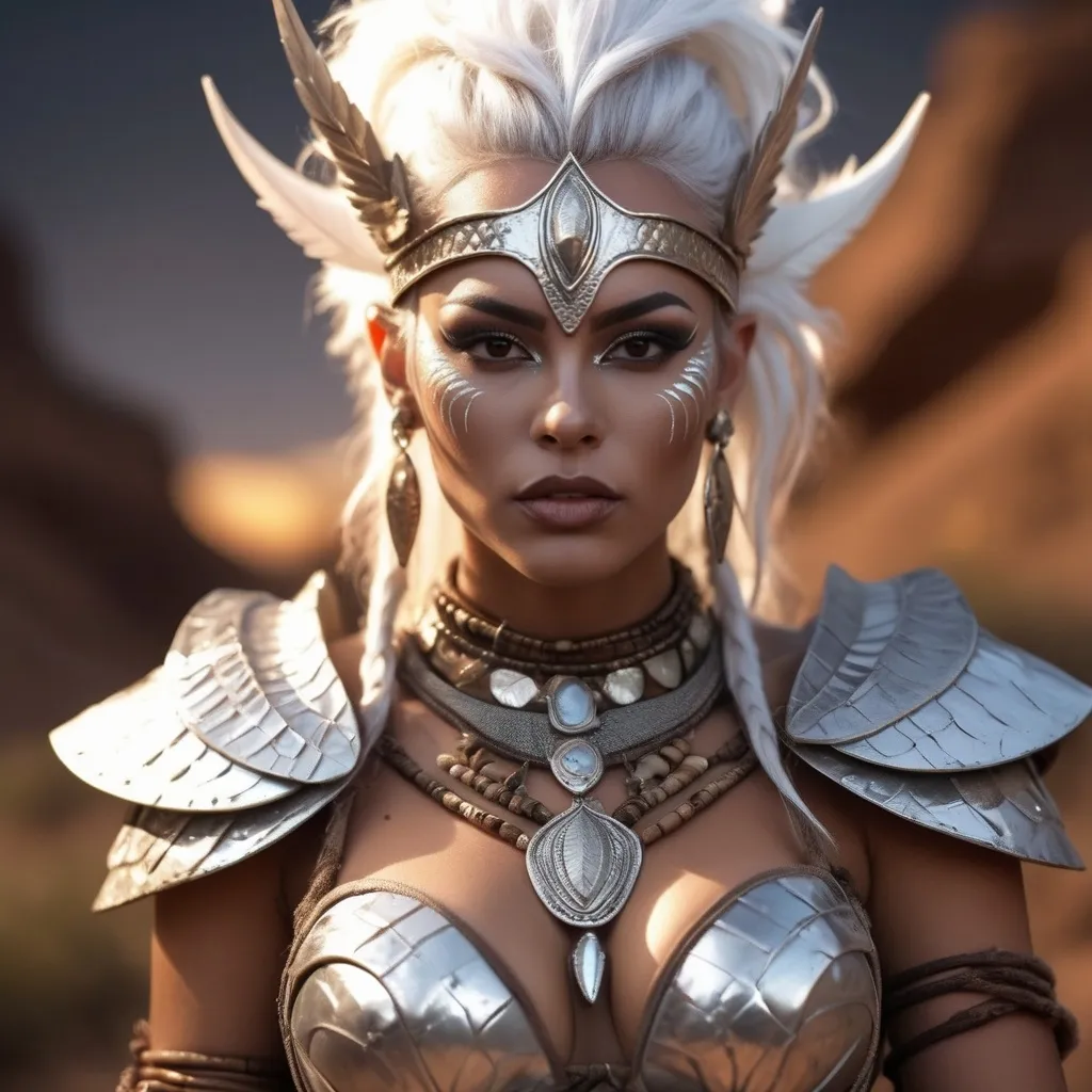 Prompt: HD 4k 3D, 8k, hyper realistic, professional modeling, ethereal Amazonian drag queen Warrior, silver hair, beige skin, gorgeous glowing face, Amazonian Warrior fur armor, brown jewelry and headpiece, Amazon warrior, tattoos, full body, carrying spear, desert, fierce barbarian, surrounded by ambient divine glow, detailed, elegant, mythical, surreal dramatic lighting, majestic, goddesslike aura