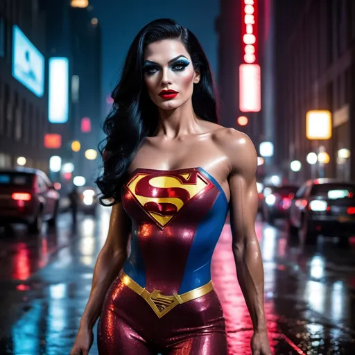 Prompt: Superman dress as A hyper realistic flawless 25-year-old gorgeous Northern European drag queen bodybuilder with black hair walking the streets as a classy debutante on a dark and rainy night. Heavy eye makeup. Dark red lipstick.