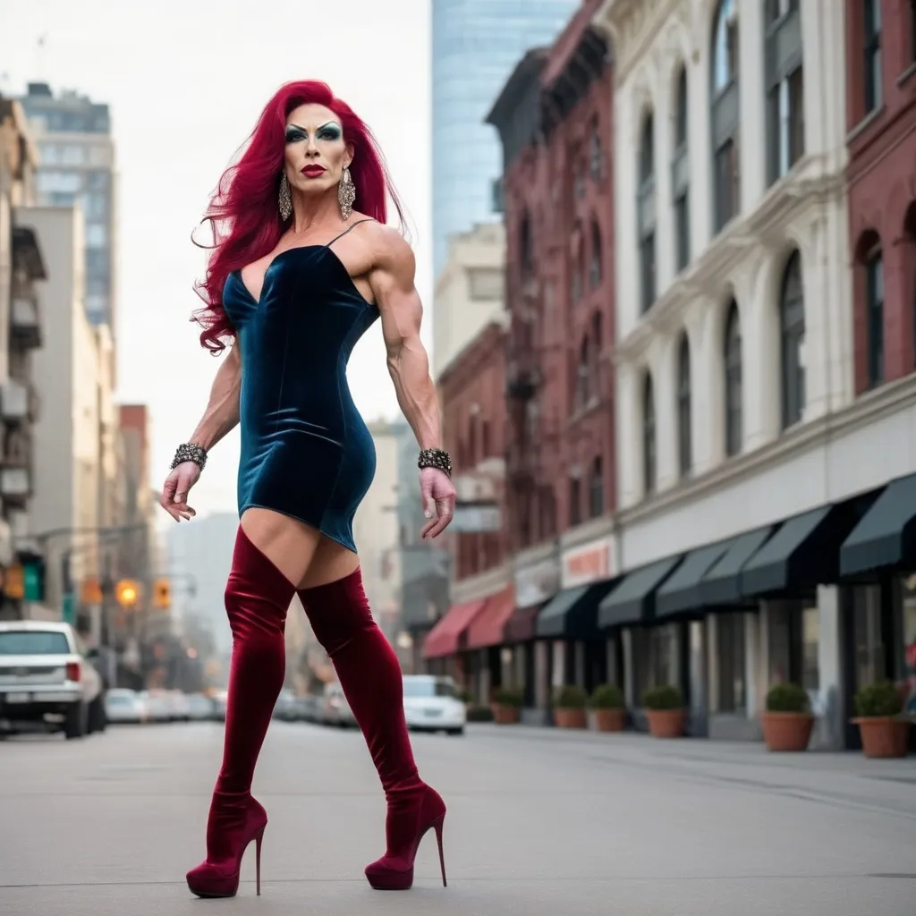 Prompt: A very masculine, yet Gorgeous muscular 35-year-old Siberian drag queen bodybuilder with long dark red hair, long muscular legs and large busom, dressed in a short tri-colored velvet dress and 8 inch stiletto high heel shoes walking elegantly through a fashionable cityscape.
