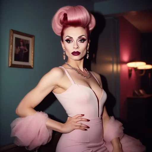 Prompt: photorealistic, (Holga photography), gorgeous ultra-muscular 25-year-old Russian drag queen businesswoman with long pink updo hair, drak eyeshadow and dark red lipstick,  (flirty expression), (playful pose), full body, low-fidelity dreamy aesthetic, soft light flare, analog photography style, vintage charm, grainy texture, warm tones, stylish attire, evoking authority and elegance, reminiscent of classic business imagery, capturing a moment of confidence, (low quality), ideal for a striking portfolio or profile shot, perfect blend of retro and modern vibes.