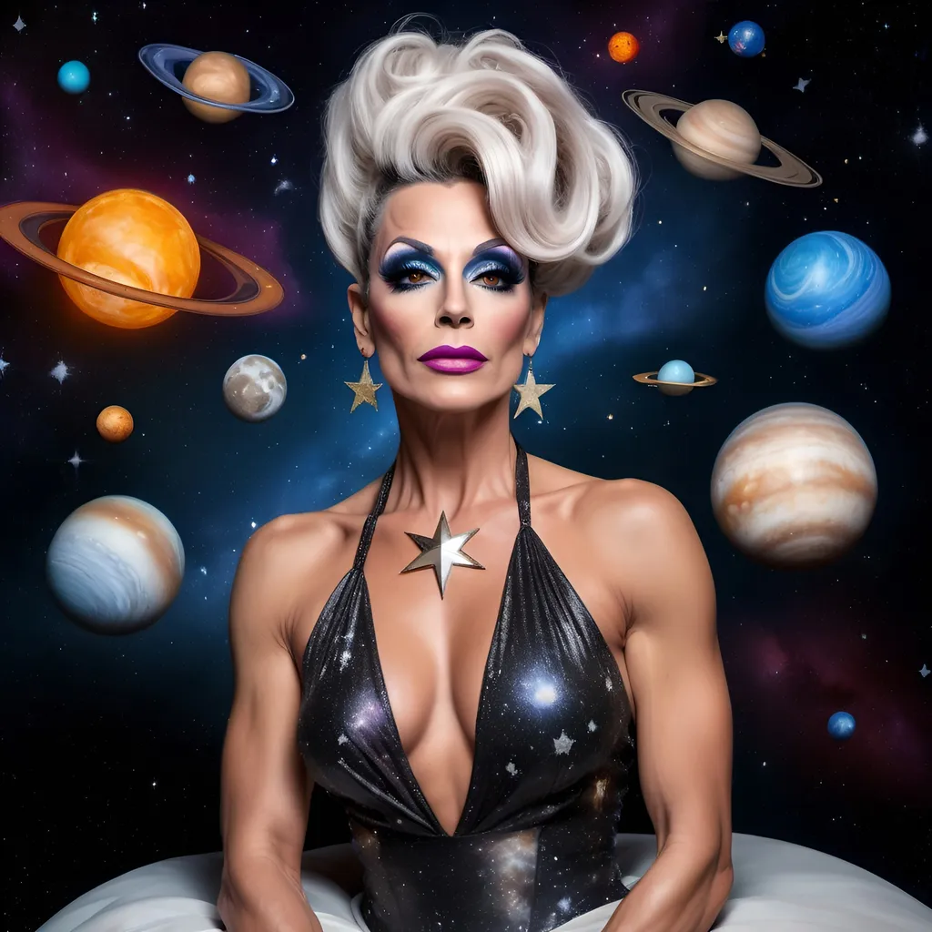 Prompt: Gorgeous muscular 45-year-old French drag queen Goddess with salt and pepper updo hair with stars in her eyes wearing a short flowing star covered halter top gown sitting on a planet looking out into space. Background is the solar system 