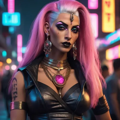 Prompt:  Hyperrealistic Fictional Character, Upscale 4K, Incredibly Finite Details, Highly Detailed Cyberpunk Character, gorgeous muscular 45-year-old Egyptian drag queen (masculine jawline and brow features) with dark eyeshadow,  dark lipstick,  heavy mascara, and long pink gray hair wearing an Ornate Pendant and Deep V-Neck Shirt and a flattering skirt with thigh high silk stockings and high heel boots, Background is a dark evening cyberpunk city street bustling with vendors, Vibrant Neon Colors