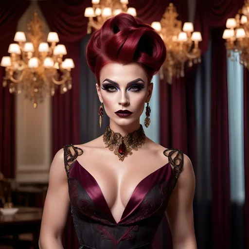 Prompt:  Gorgeous muscular 25-year-old Polish drag queen with dark red updo hair, dark eyeshadow,  dark lipstick, wearing a (elegant dress), (stylish fabric), flowing design, intricate details, luxurious texture, vibrant colors, warm ambiance, (graceful draping), exquisite embellishments, soft lighting, enchanting atmosphere, rich patterns, HD, ultra-detailed, stunning visual composition, ideal for fashion showcase, inviting elegance