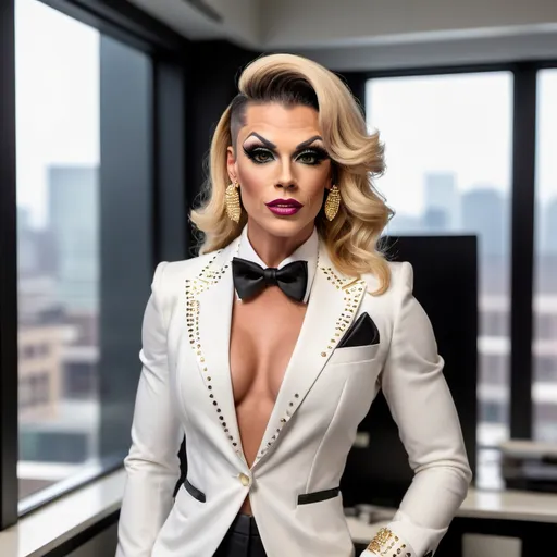 Prompt: A gorgeous muscular 35-year-old Welsh-American drag queen with combed hair and round masculine jawline; wearing a a notch lapel black tuxedo jacket, white wingtip collar tuxedo shirt, white pocket square, gold studs and cufflinks, black bow tie, black tuxedo pants, shiny black stiletto high heel shoes; in an office setting