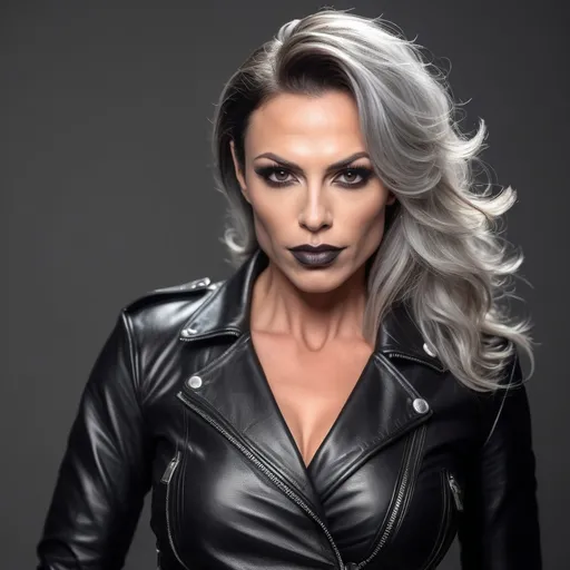 Prompt: a gorgeous muscular 35-year-old French drag queen (masculine facial features) in a leather jacket posing for a picture, biker bar photo, dark make up, arik roper, images on the sales website, in 2 0 1 8, render of april, sabina klein, perfect face and body, tall female angel, felix englund, with grey skin, dark lips