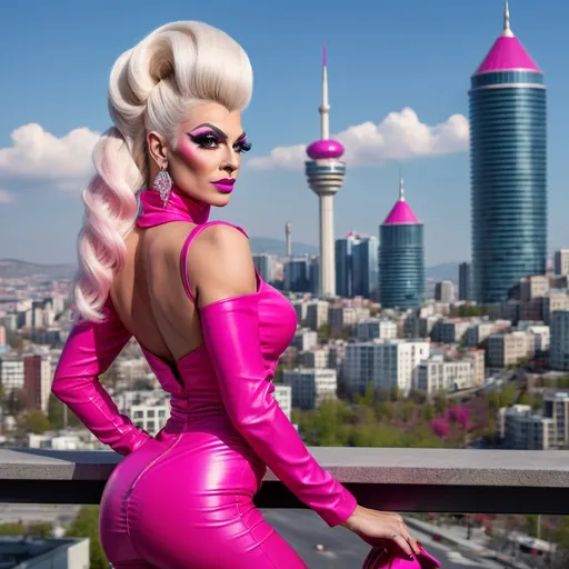 Prompt: Gorgeous muscular 35-year-old Turkish drag queen with very long platinum blonde updo hair in a hot pink outfit and 8 inch stiletto high heel shoes, with a cityscape background, Erlund Hudson, transgressive art, promotional image, a character portrait