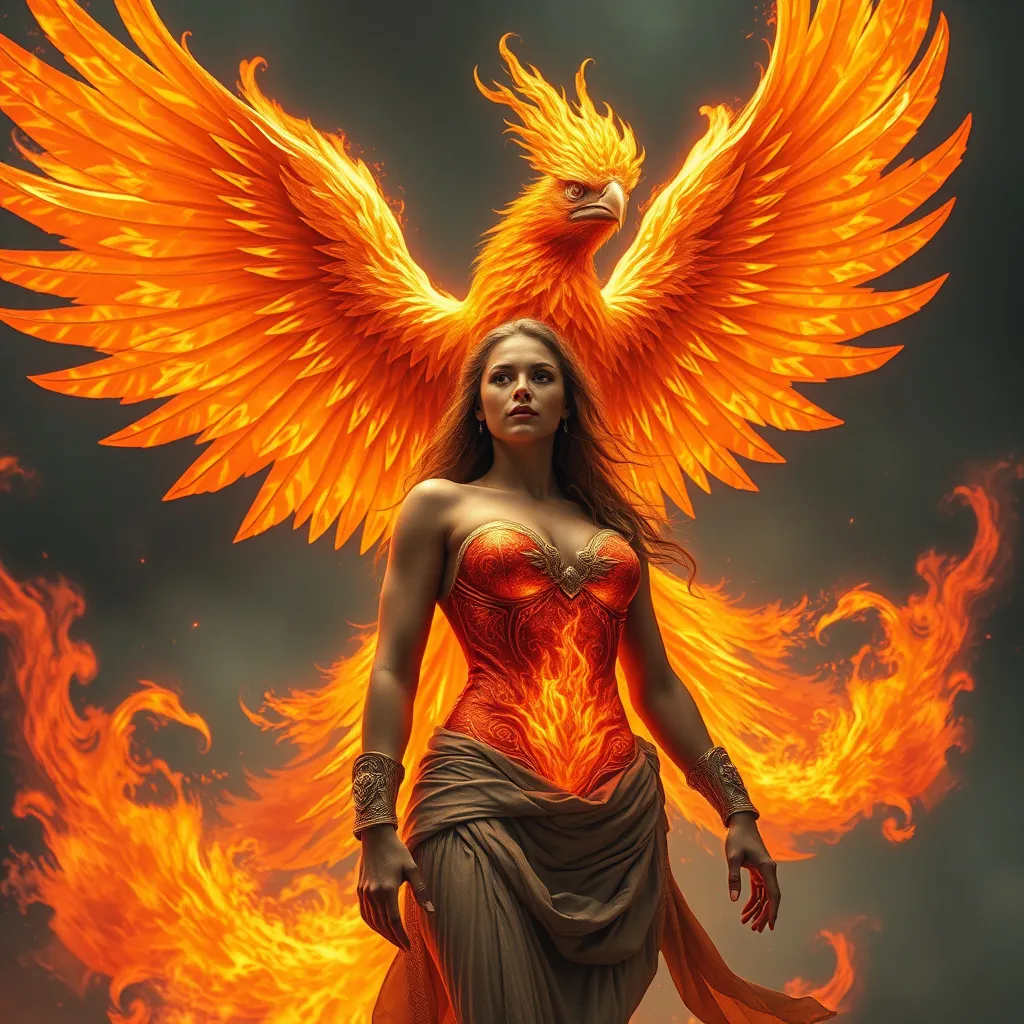 Prompt:  a flaming phoenix hovers overtop a 25-year-old muscular goddess. The 25-year-old goddess has clothes made of flames from the Phoenix and looks like a phoenix as a 25-year-old goddess. Full length. Muscular. Large busom.