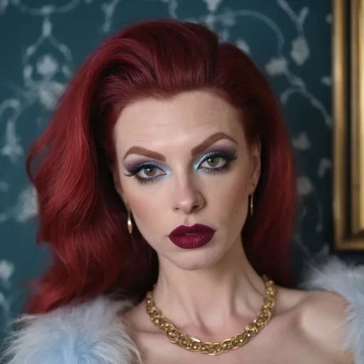 Prompt: Gorgeous muscular 35-year-old red-headed French drag queen in a modern home, against a wall with wallpaper and furniture background
wearing long cable knitted angora mohair sweater , (extremely fluffy:1.8) angora mohair sweater, from side, looking at viewer, smile, (full lips:1.8), dark red lipstick, daek eyeliner, dark makeup, 8k, very detailed, green eyes, very detailed eyes,
source_real, raw, photo, amateur, french drag queen, Close-Set Eyes, [eyecolors violet], full lips, high cheekbones, weak receding chin, burgundy, lob, light blue, lip gloss, __15JeweleryMaterials__ __14Piercing__, large busom,  gorgerous, outdoor, portrait, , highly detailed, detailed skin, depth of field, film grain
(photorealistic) (bokeh) (intricate details) (cinematic lighting) (sharp focus)
