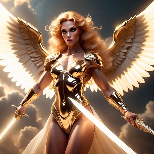 Prompt: (buff strawberry-blonde drag queen angel), muscular physique, wielding a shining sword and a glossy shield, (bright gold glowing eyes), radiant aura emanates, fluffy wings spread wide, ethereal atmosphere, warm golden tones, heavenly backdrop with soft clouds, dynamic pose in an action stance, (ultra-detailed), (4K), dramatic lighting, evocative and divine ambiance.