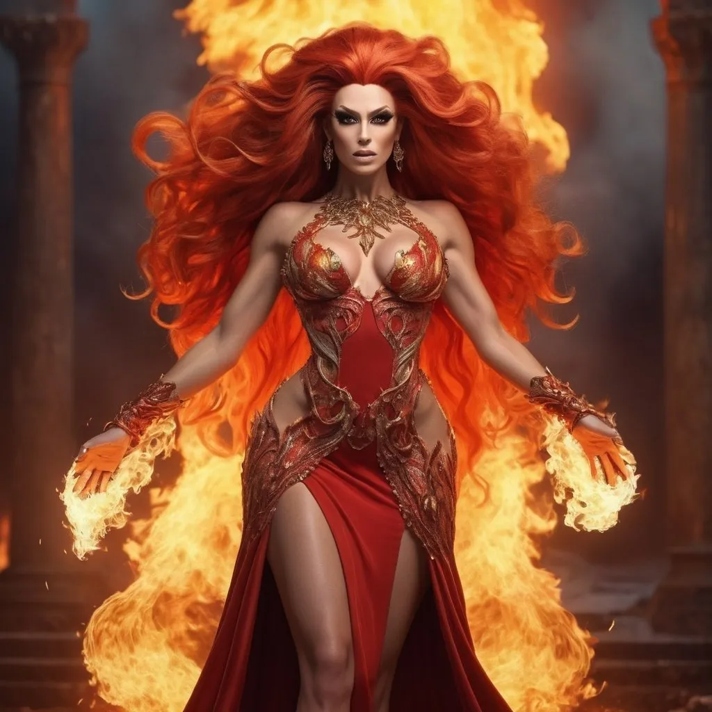 Prompt: Gorgeous ultra-muscular 25-year-old Czechian drag queen with huge busom and ridiculously long flaming fiery hair, {{ultra definition, concept art, cinematic, epic 4K masterpiece}
a goddess of fire, fiery hair, fieryb eyes, surrounded by fire, tall and evil,
{clothes] red fiery dress,
mythology, full body, 8 inch stiletto high heel shoes, highly detailed, digital photography, artstation, concept art, smooth, sharp focus, illustration, 4k,