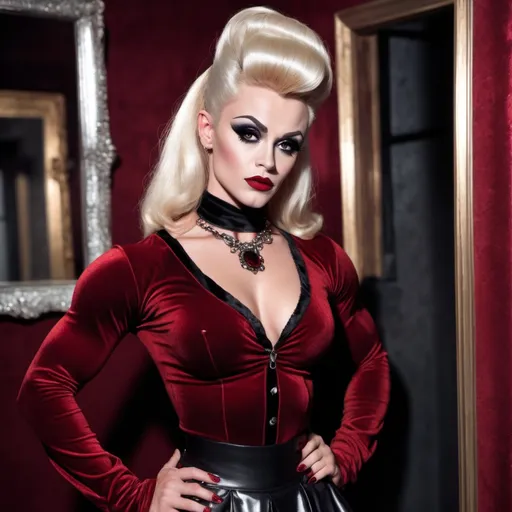 Prompt: Imagine a photo of James Dean dressed up as a gorgeous ultra-muscular 25-year-old Finnish drag queen bodybuilder, mirror behind her. wearing a red goth velvety blouse, and short pleated skirt and black tights. wearing a choker. Dark eye shadow, heavy mascara, dark red lipstick. very attractive. high detail realistic. full body shot, professional photo. Studio lighting, backlit, realistic lighting. hdr uhd 8k ultra-realistic render,  very high detail skin, beautiful face,