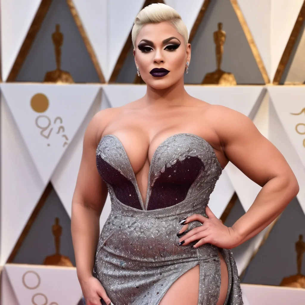 Prompt: Gorgeous thicc muscular 25-year-old Slovenian drag queen (very strong masculine jawline and brow features) with large busom wearing a beautiful stylish multi-fabric gown with long train, 8 inch stiletto high heel shoes.  Dark eyeshadow and dark lipstick. Walking the red carpet at the Oscars.