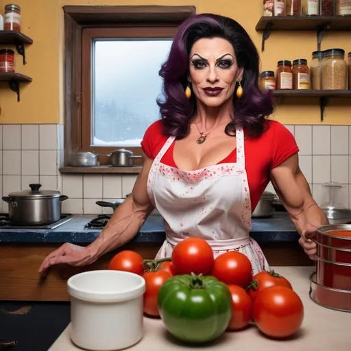 Prompt:  A warm kitchen with a cheerful gorgeous muscular 35-year-old italian drag queen bodybuilder with dark hair, dark eye makeup, dark lipstick, and  large busom, wearing a bright apron over a casual blouse and pants, stirring a big pot of tomato sauce on the stove. She sits nearby on a stool with big, curious eyes. A window shows the snowy village outside, and the kitchen shelves are full of spices and garlic.
