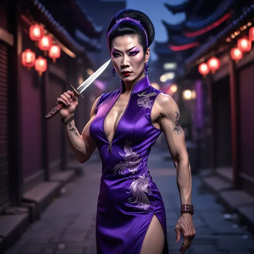 Prompt: A mature, gorgeous muscular Chinese drag queen assassin wearing a dark purple, form-fitting, low-cut qipao holds a mini dagger in her hand. On a dimly lit street late at night, her piercing eyes shine brightly as if searching for her prey. She put on a martial arts pose(ultra detailed). fine detailed drawing, professional photo, HDR, UltraHD, a lot of details, pixel study, 3D, detail, photorealism, majestic, stunning, elegant, brillant, sumptuous, magnificent, effulgent, refulgent, fantasy, epic, long hair, mystic, full body view, classical and warm lighting style and cinematic art 
