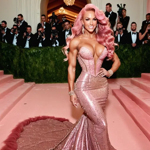 Prompt: Glamour photography of Gorgeous ultra-muscular 25-year-old Finnish bodybuilder with a huge busom, and ridiculously long wavy pink hair on the Met Gala steps in New York wearing designer gold and pink gown with long train, intricate details, glitter and jewels, posed 3/4 turn standing, smile, in the style of Guy Aroch